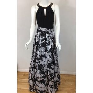 Eliza J Beaded Halter Floral Skirt Gown with Sash black white 12